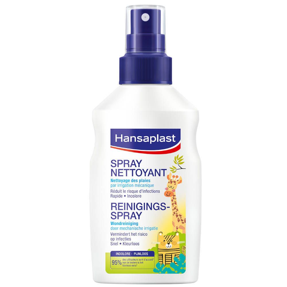 Flacon blanc avec vaporisateur bleu. Inscription: Hansaplast Spray Nettoyant Kids. Illustrations d'animaux.