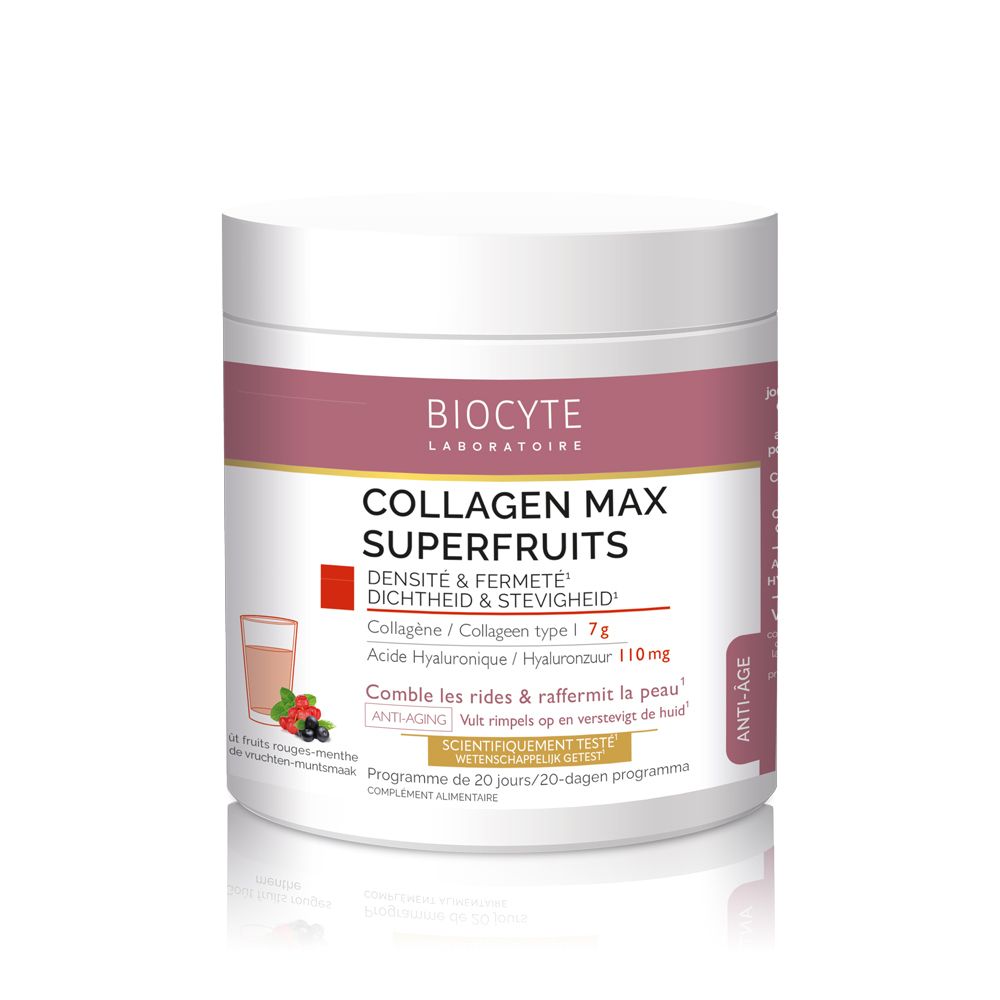 Pot blanc Biocyte Collagen Max Superfruits. Texte: densité & fermeté, collagène, acide hyaluronique. Illustration fruits.