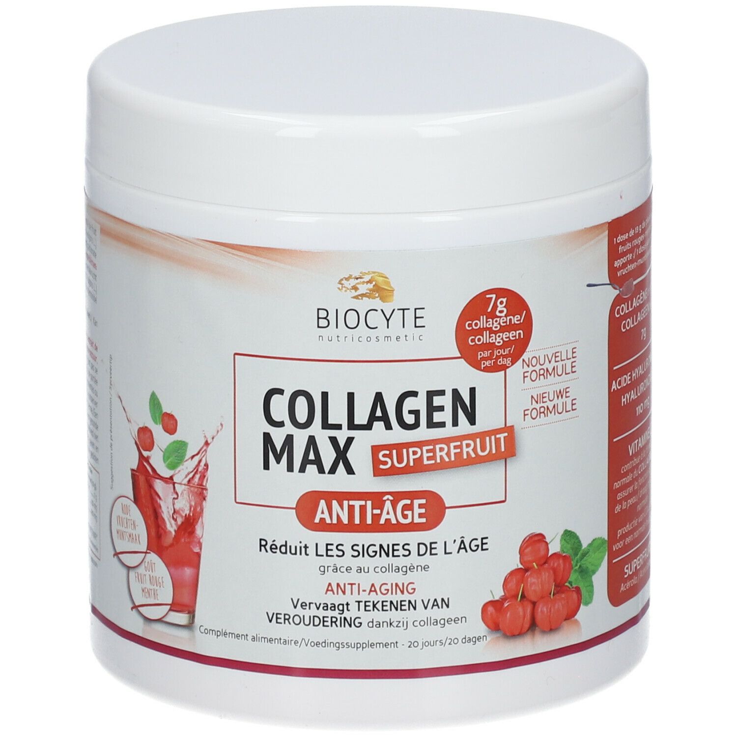 Pot blanc Biocyte Collagen Max Superfruit. Inscription rouge Anti-Âge, 7g collagène. Illustration de fruits et boisson.