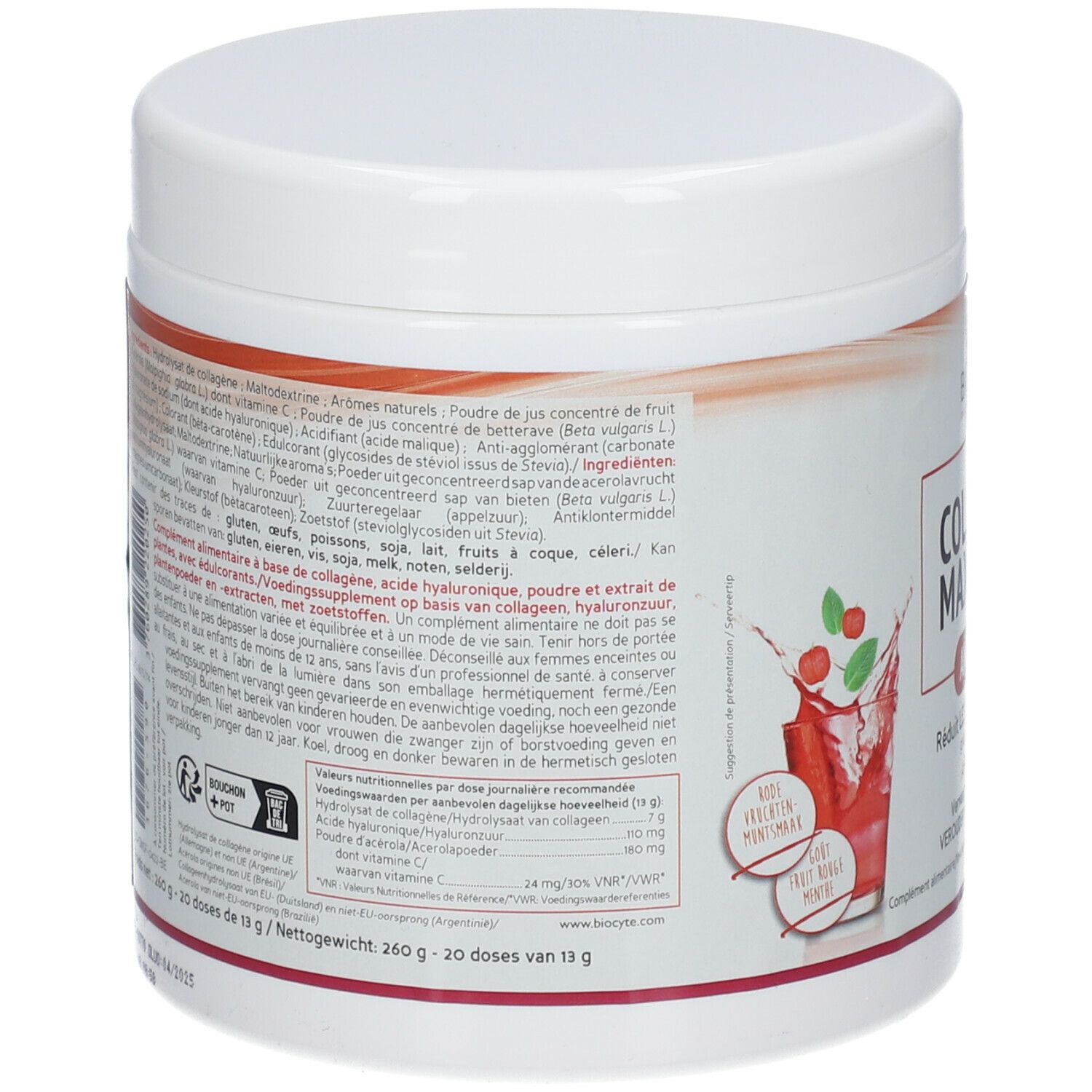 Dos du pot blanc. Texte: ingrédients, informations nutritionnelles, 20 doses de 13g. Illustration de fruits et boisson.