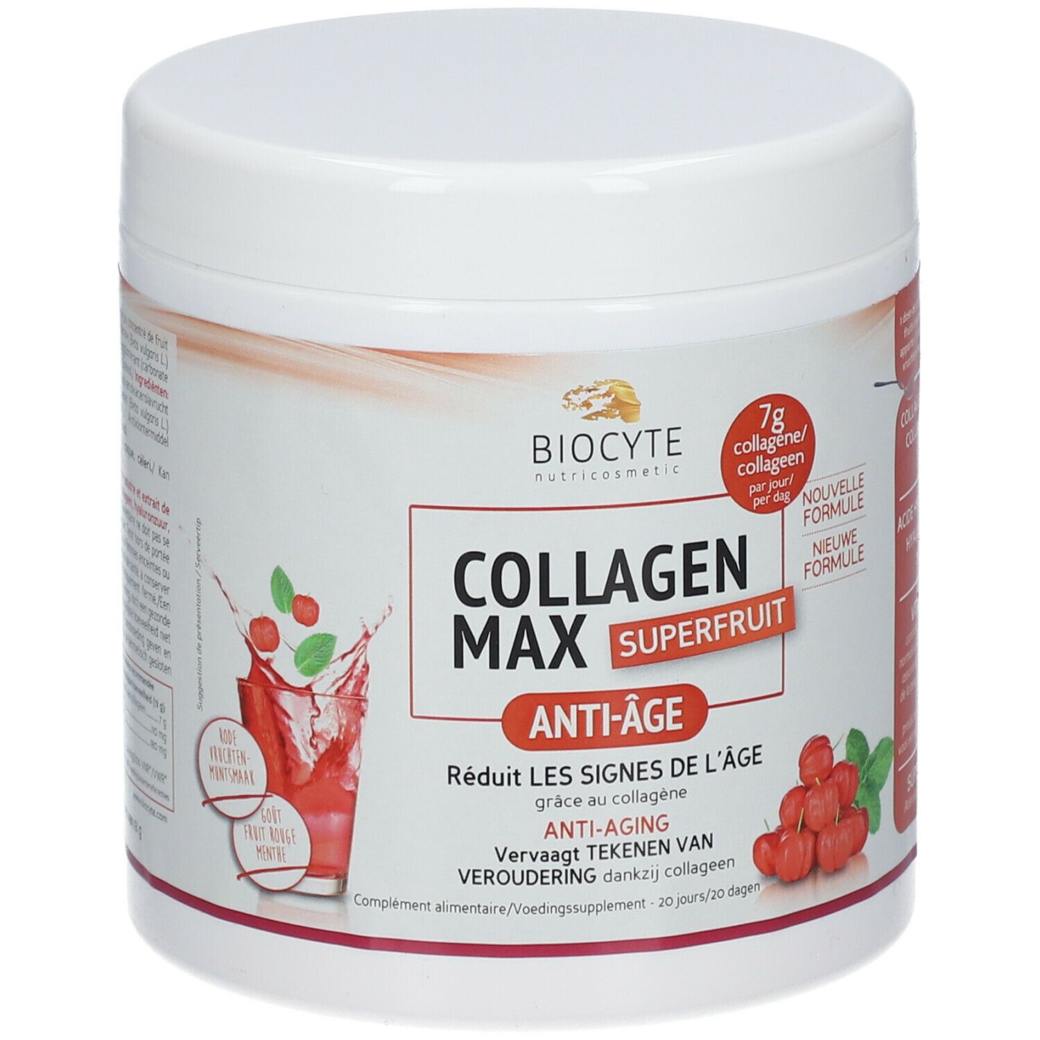 Pot blanc Biocyte Collagen Max Superfruit. Inscription rouge Anti-Âge, 7g collagène. Illustration de fruits et boisson.
