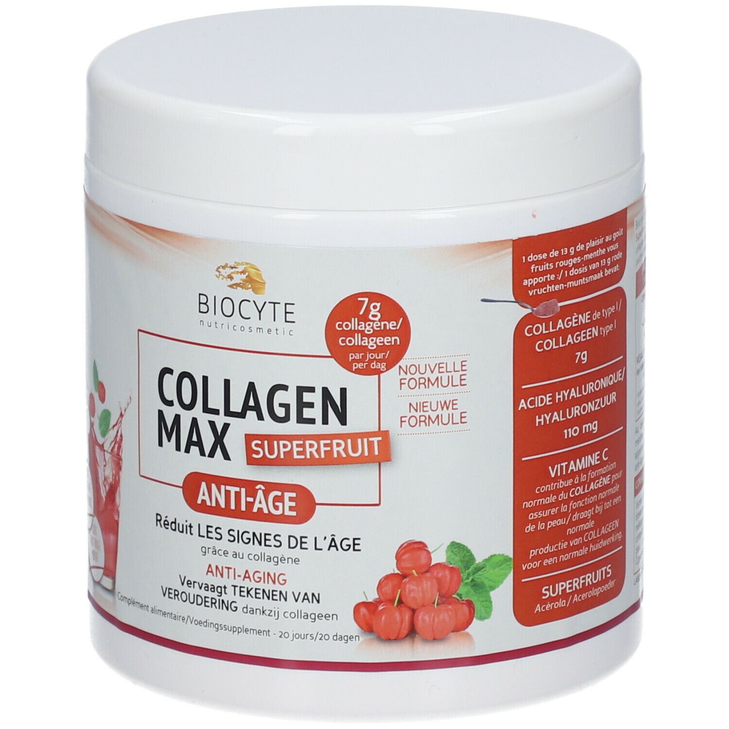 Pot blanc Biocyte Collagen Max Superfruit. Inscription rouge Anti-Âge, 7g collagène. Illustration de fruits et boisson.