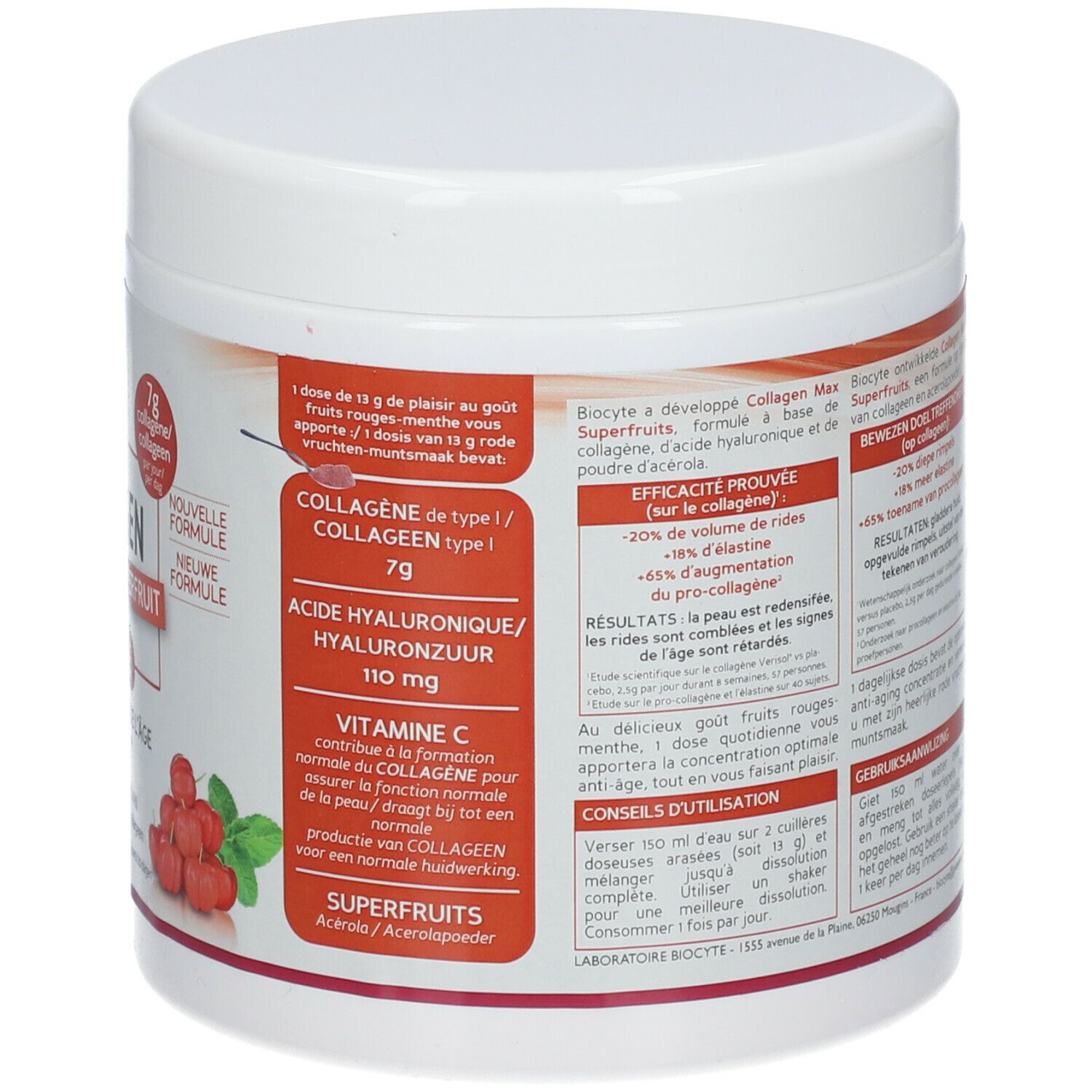 Pot blanc Biocyte Collagen Max Superfruit. Texte: collagène, acide hyaluronique, vitamine C. Illustration de fruits.