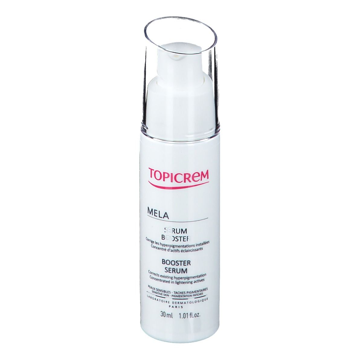 Flacon blanc avec pompe et capuchon transparent. Inscription TOPICREM MELA Booster Serum. 30ml.