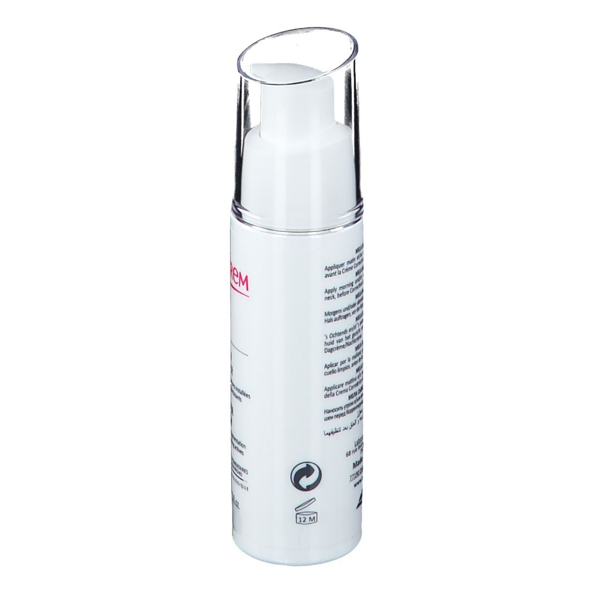 Flacon blanc avec pompe et capuchon transparent. Texte au dos. Symbole 12M.