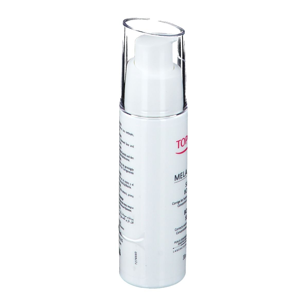 Flacon blanc avec pompe et capuchon transparent. Texte au dos. Inscription TOPICREM MELA Booster Serum. 30ml.