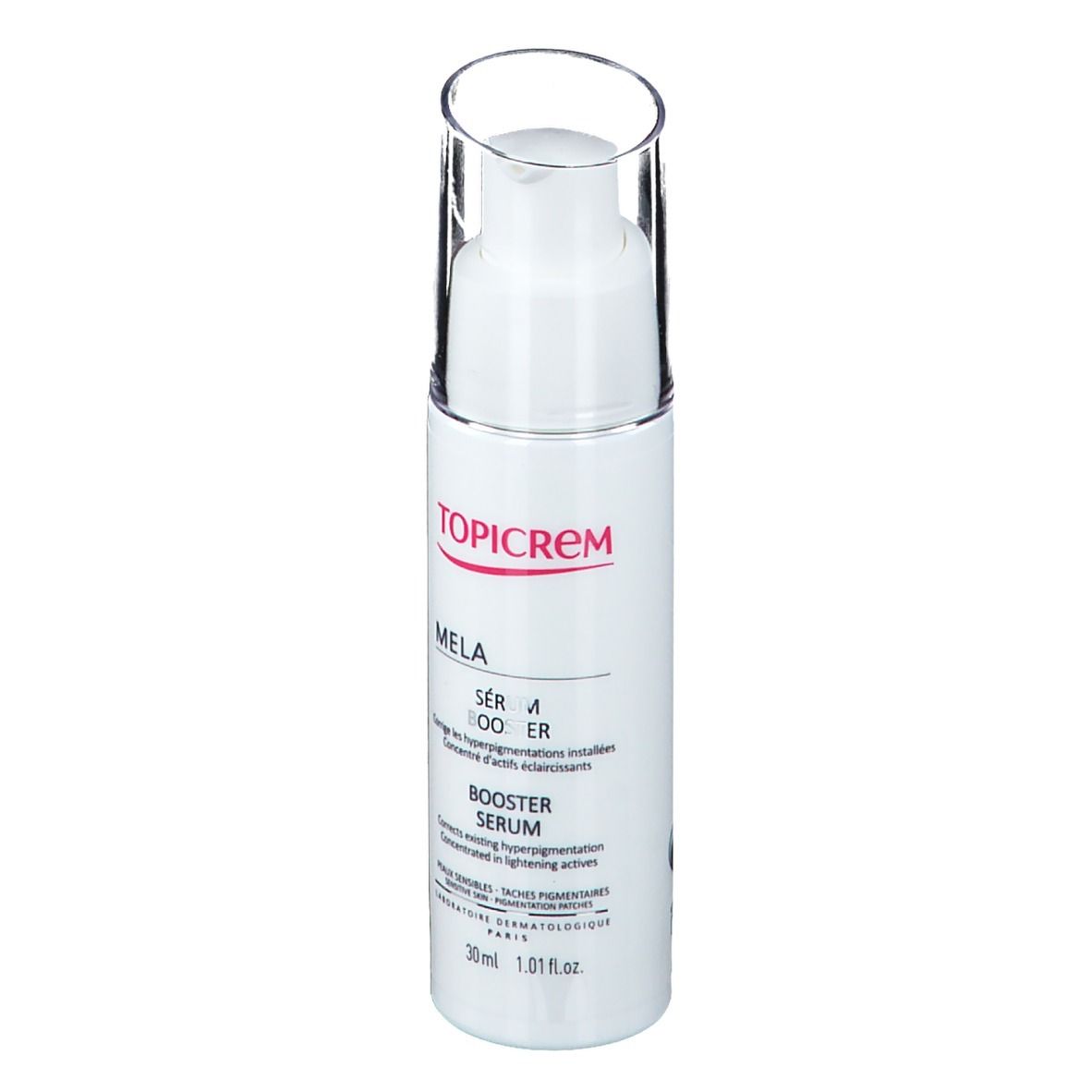 Flacon blanc avec pompe et capuchon transparent. Inscription TOPICREM MELA Booster Serum. 30ml.