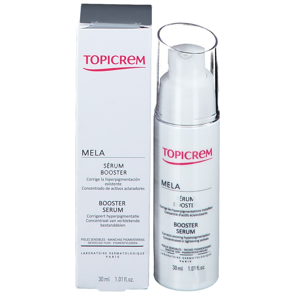Emballage du produit avec flacon et boîte. Inscription TOPICREM MELA Booster Serum. 30ml.