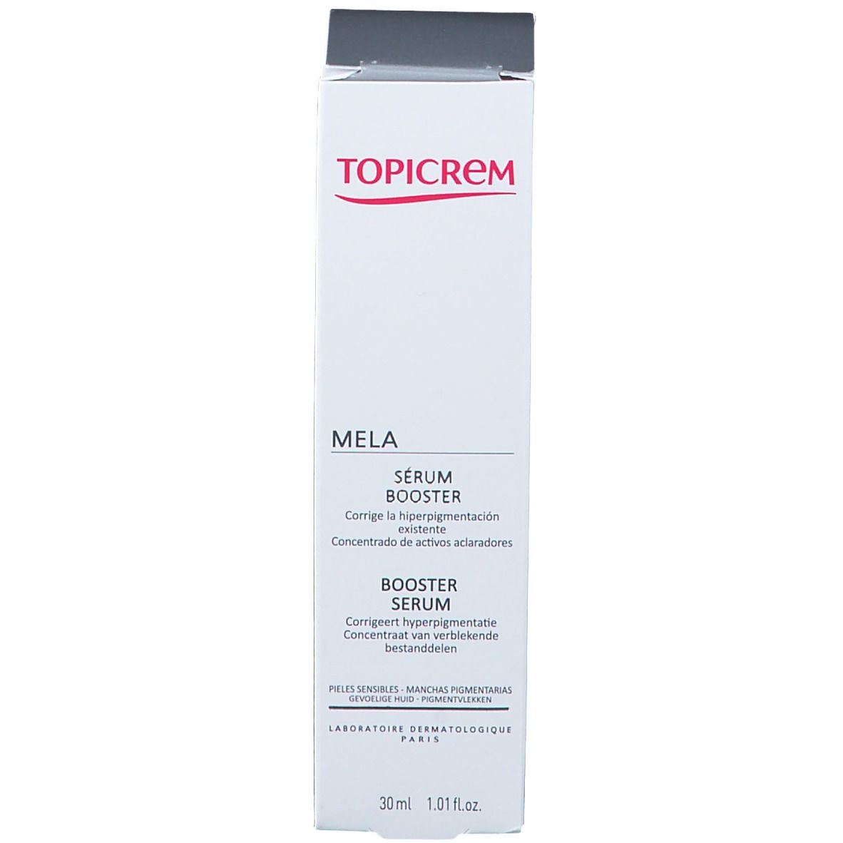 Emballage en carton. Inscription TOPICREM MELA Booster Serum. 30ml.