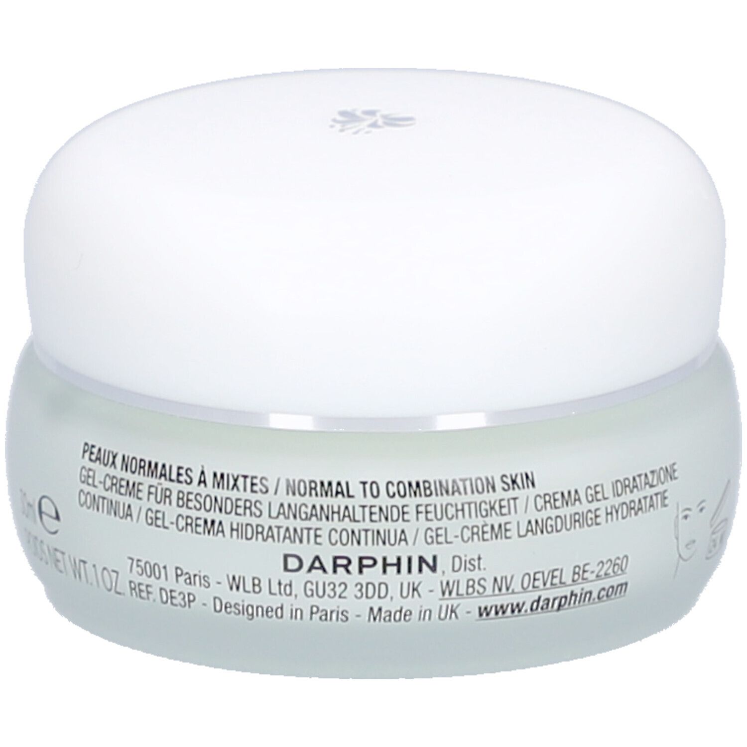 Creme-Gel-Behälter mit weißem Deckel. Aufschrift: Peaux normales à mixtes. Text auf Französisch, Englisch und Italienisch.