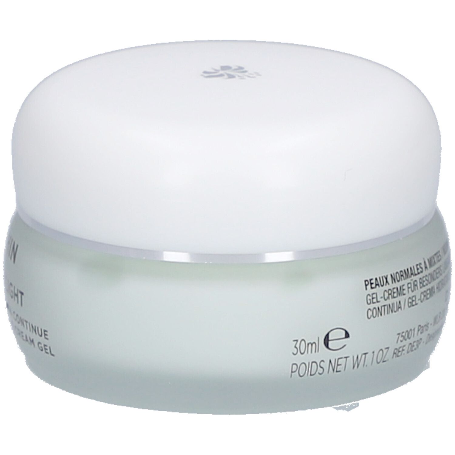 Creme-Gel-Behälter mit weißem Deckel. Aufschrift: 30ml e. Text in Französisch und Englisch.