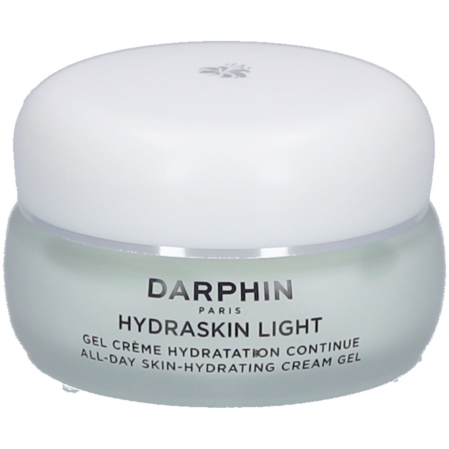 Creme-Gel-Behälter mit weißem Deckel. Aufschrift: Darphin Hydraskin Light. Text in Englisch und Französisch.