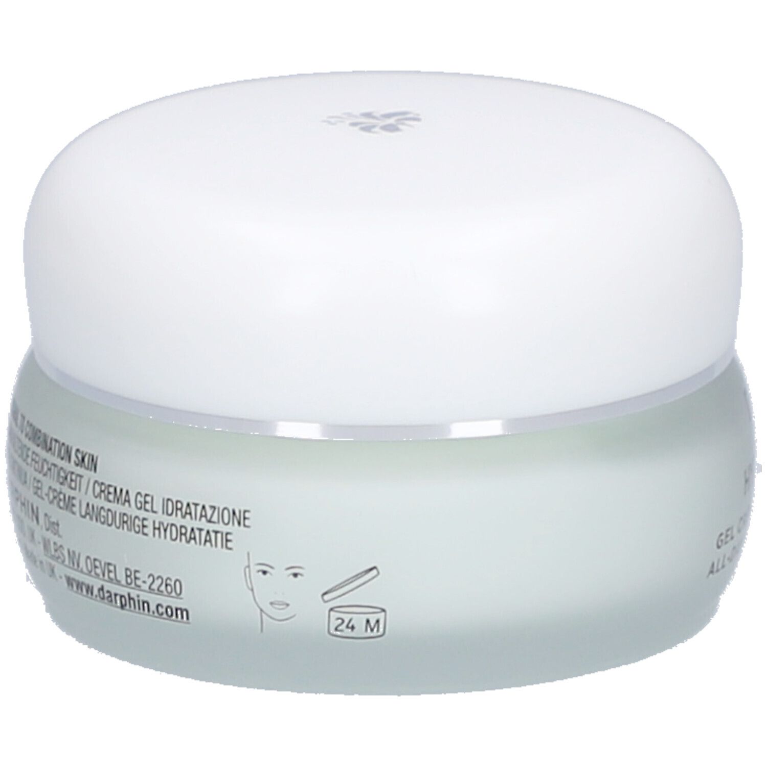 Creme-Gel-Behälter mit weißem Deckel. Aufschrift: Peaux normales à mixtes. Text in Französisch, Englisch und Italienisch.