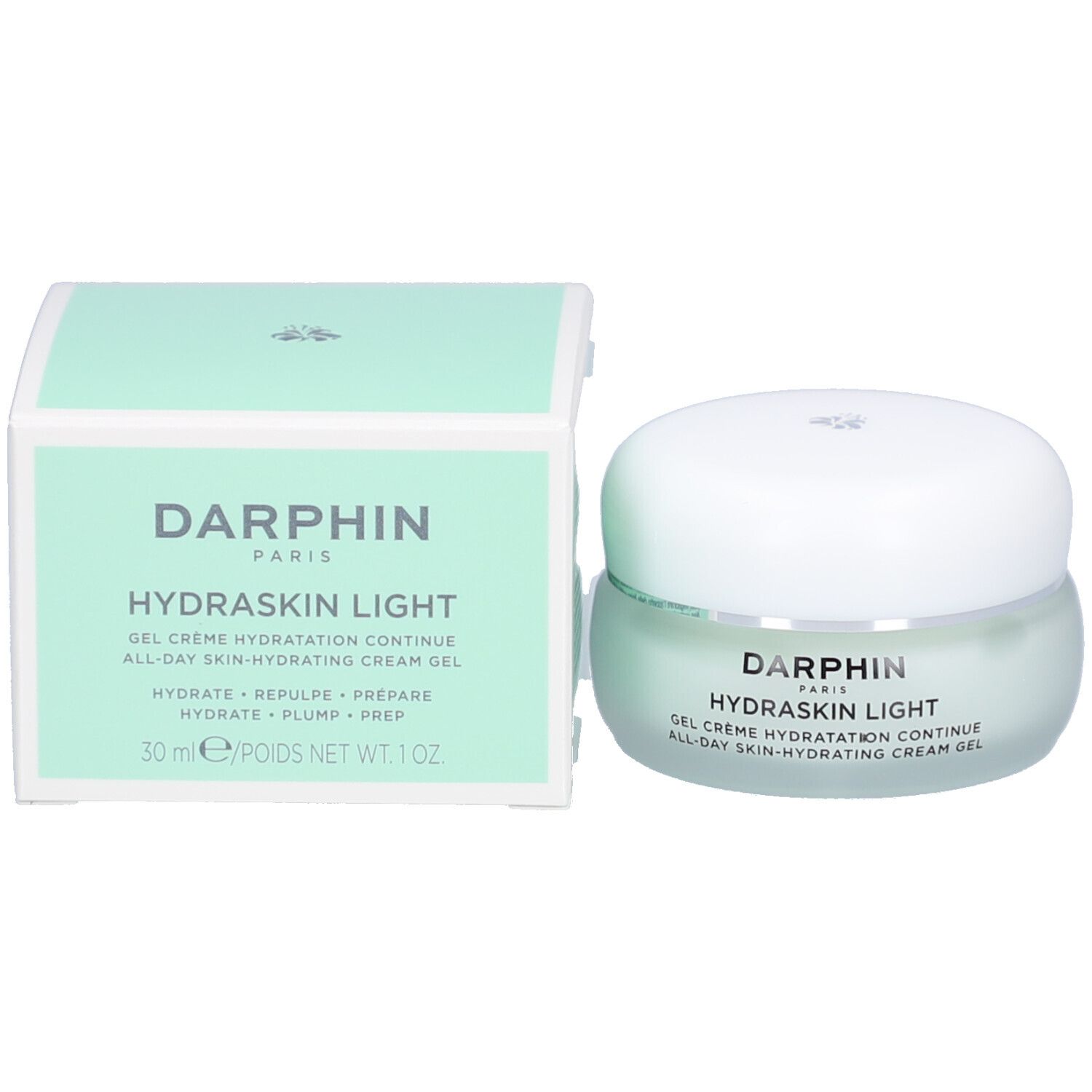 Creme-Gel-Behälter und Schachtel. Aufschrift: Darphin Hydraskin Light. 30 ml. Text in Englisch und Französisch.