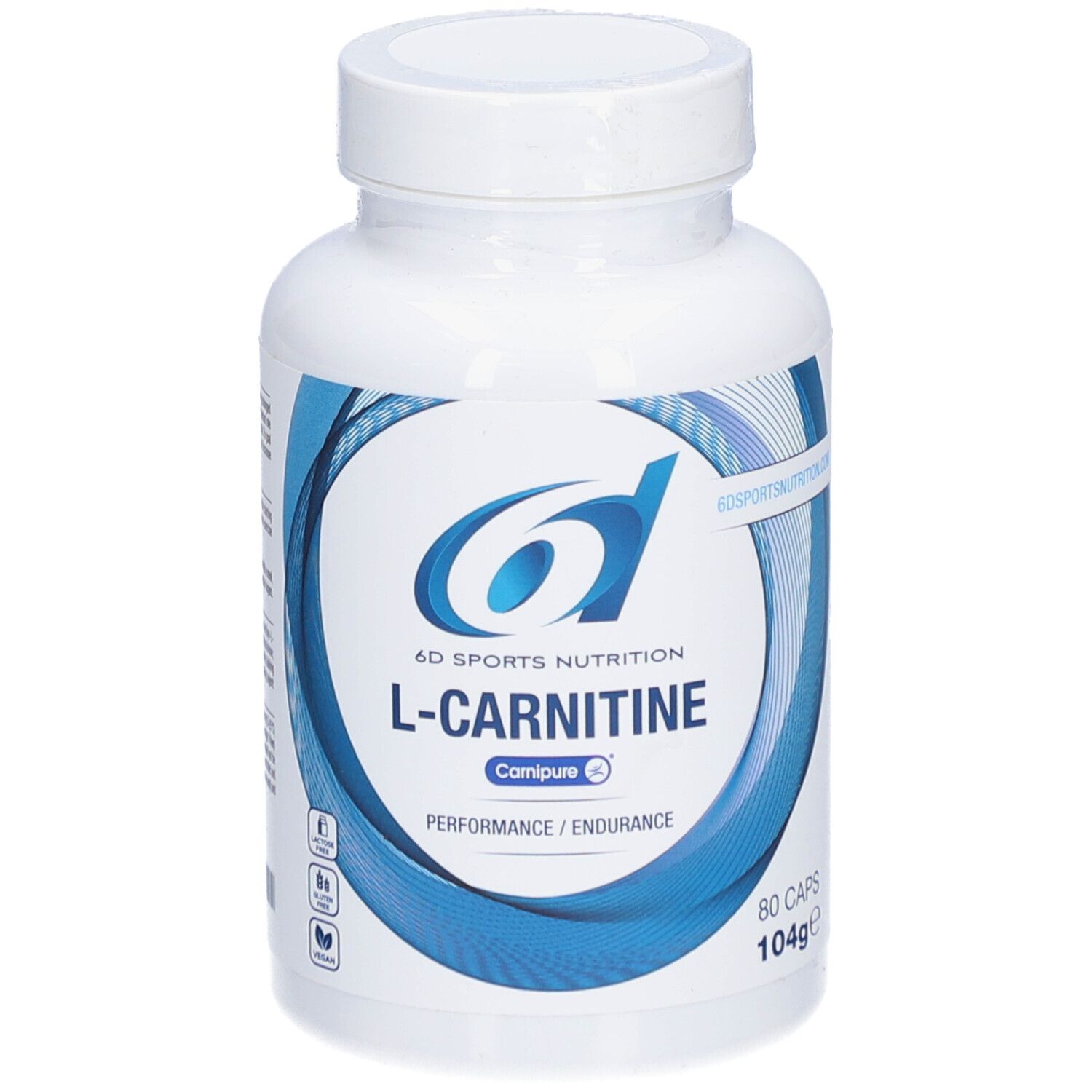Weiße Flasche mit blauer Grafik. Aufschrift: 6D Sports Nutrition L-Carnitine. 80 Kapseln.