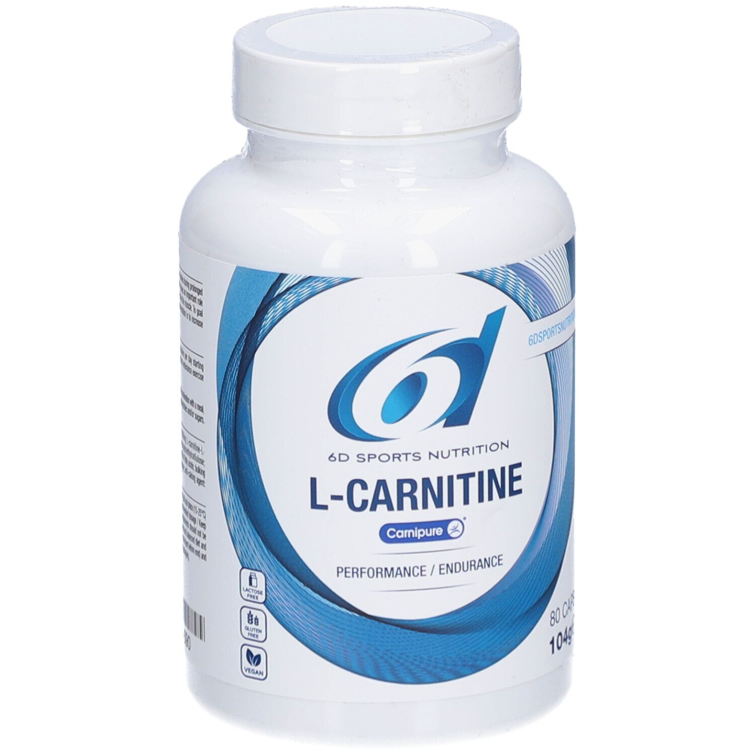 Weiße Flasche mit blauer Grafik. Aufschrift: 6D Sports Nutrition L-Carnitine. 80 Kapseln.