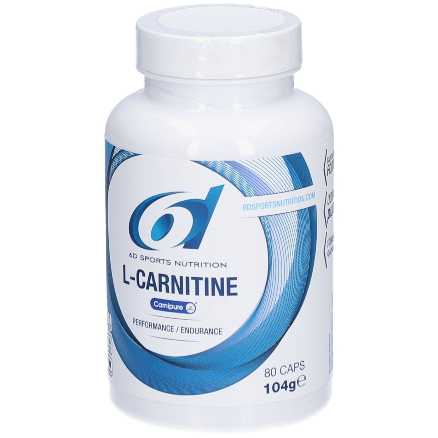 Weiße Flasche mit blauer Grafik. Aufschrift: 6D Sports Nutrition L-Carnitine. 80 Kapseln.
