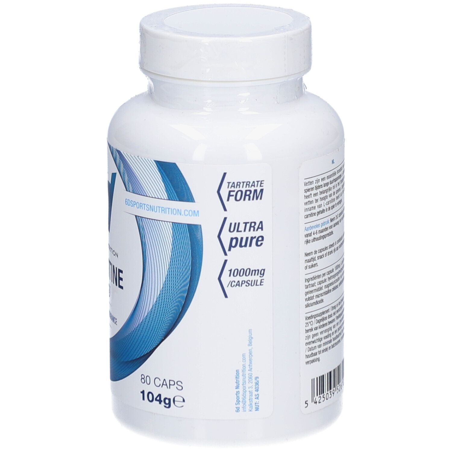 Weiße Flasche mit blauer Grafik. Aufschrift: 6D Sports Nutrition L-Carnitine. 80 Kapseln.