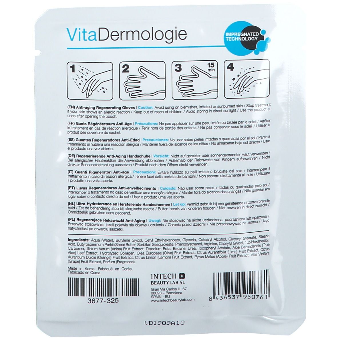 Dos de l'emballage. Contient des instructions et des ingrédients. Marque : VitaDermologie. Code-barres et informations de production.
