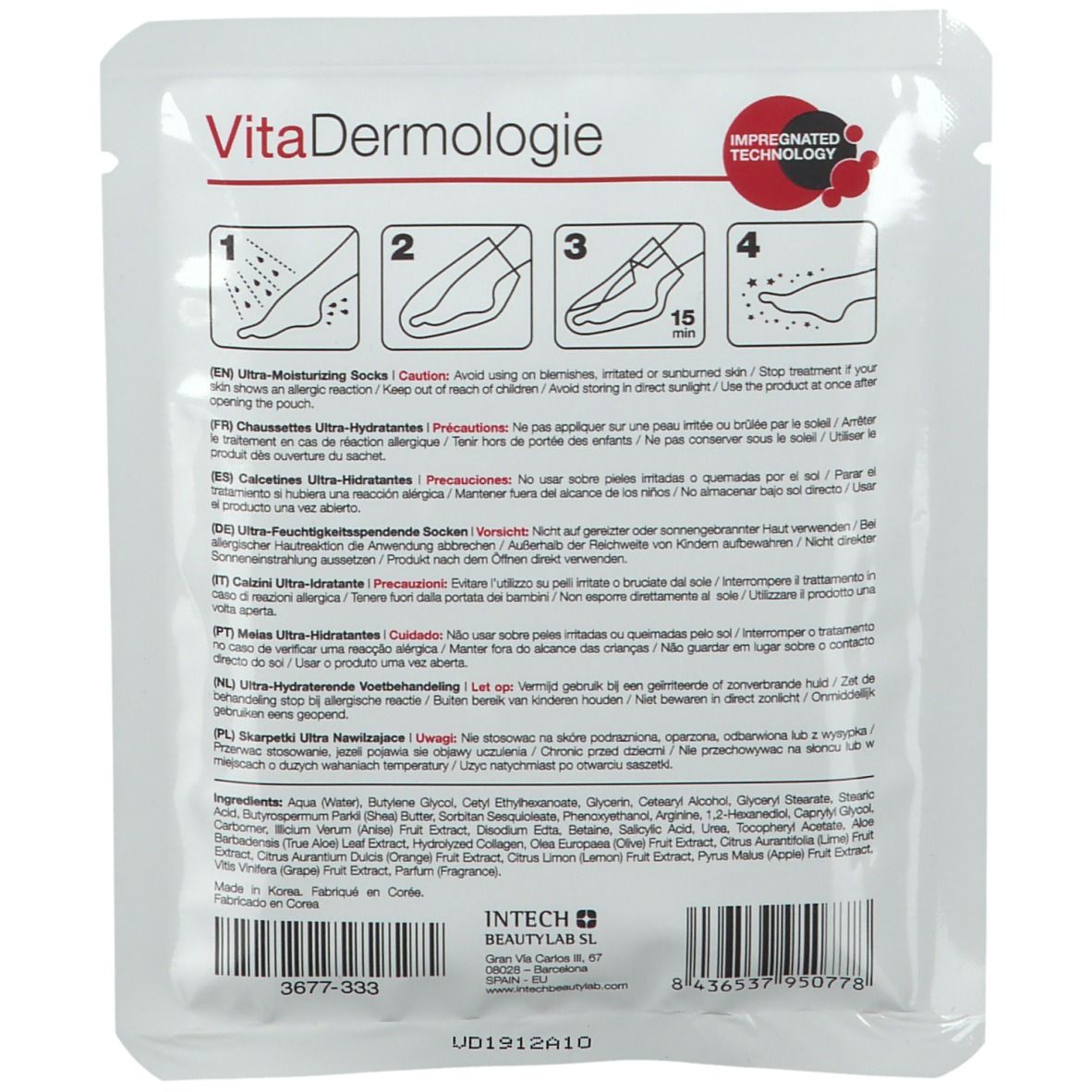 Rückseite der Fußmaskenverpackung. Weiß mit Text und Illustrationen. Text: VitaDermologie, Ultra Moisturizing Socks, Inhaltsstoffe, Gebrauchsanweisung.