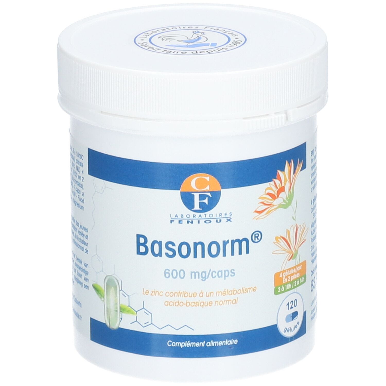 Witte pot Basonorm® 600 mg/caps. Bevat 120 capsules. Logo Laboratoires FENIOUX. Opschrift: Voedingssupplement.