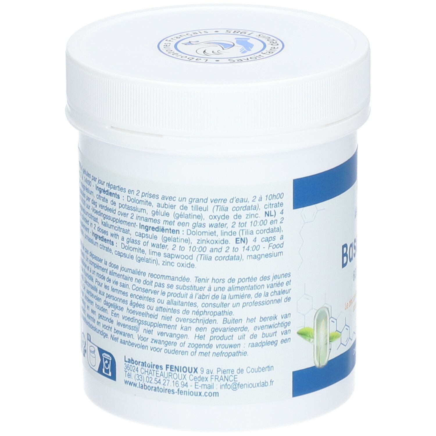 Achterkant van de witte pot Basonorm®. Ingrediëntenlijst, doseerinstructies en fabrikantinfo.
