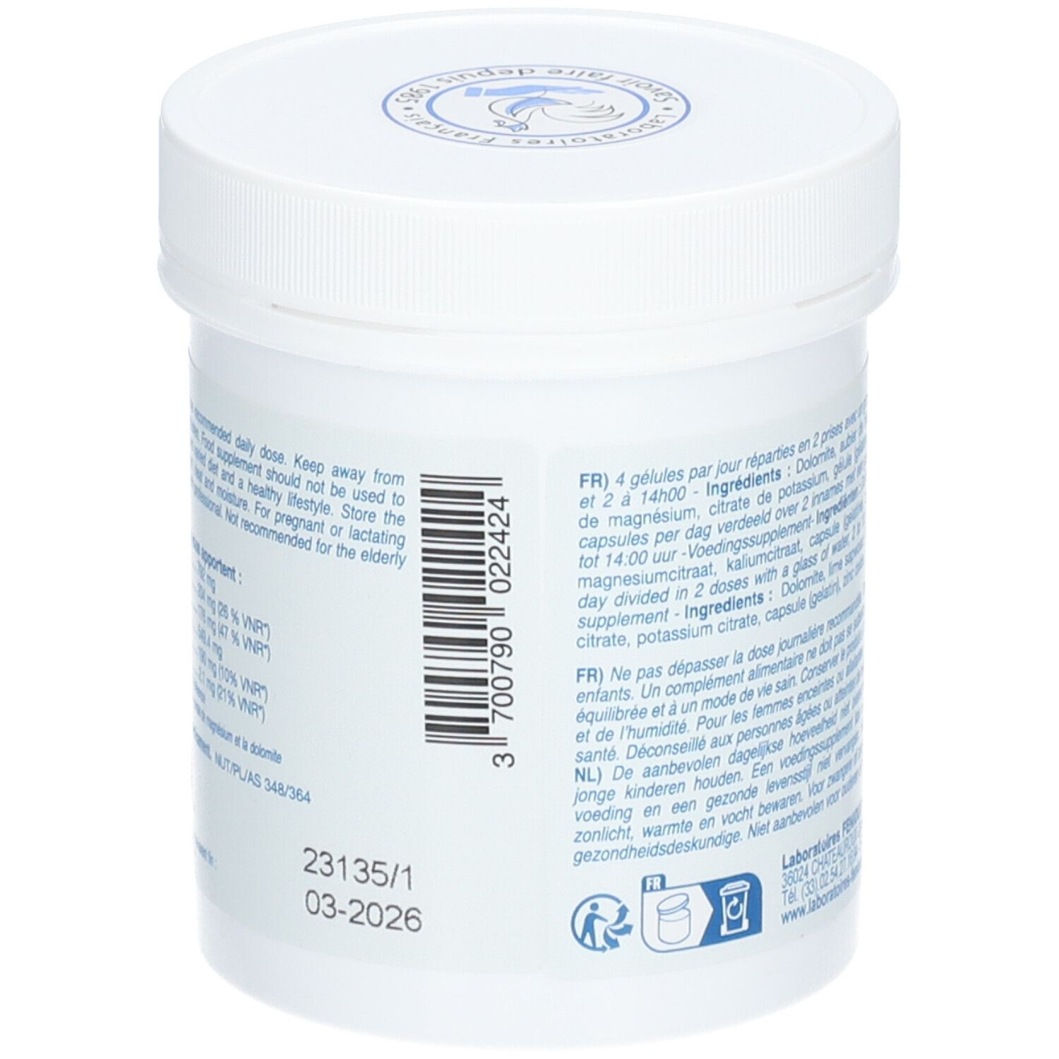 Achterkant van de witte pot Basonorm®. Streepjescode, lotnummer en vervaldatum.