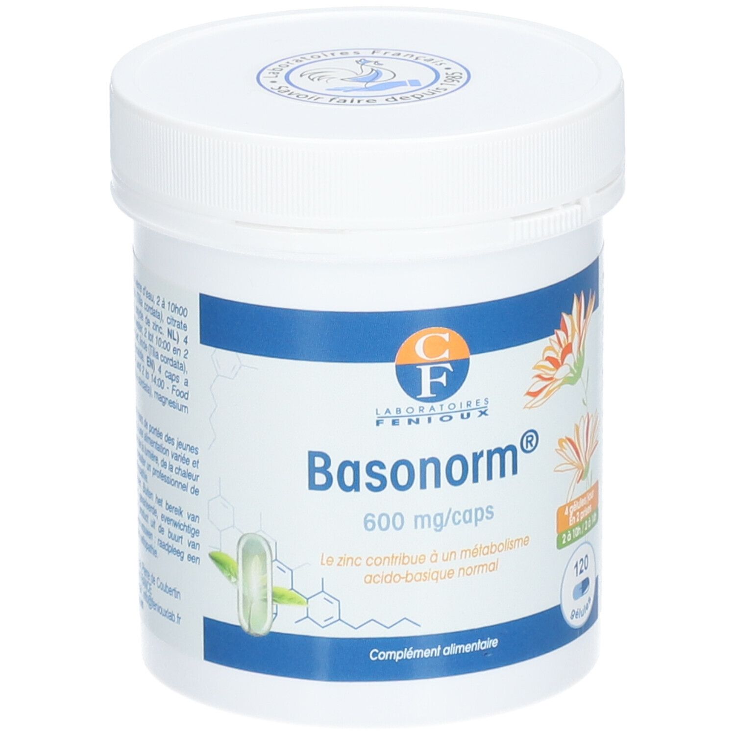 Witte pot Basonorm® 600 mg/caps. Bevat 120 capsules. Logo Laboratoires FENIOUX. Opschrift: Voedingssupplement.