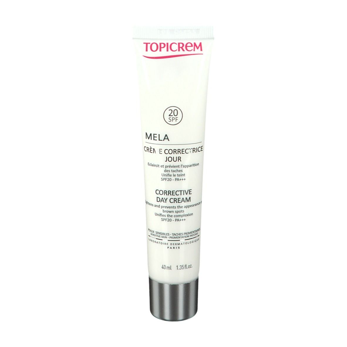 Witte tube met opdruk. Bevat 'TOPICREM', 'MELA', 'SPF 20' en 'CORRECTIVE DAY CREAM'.