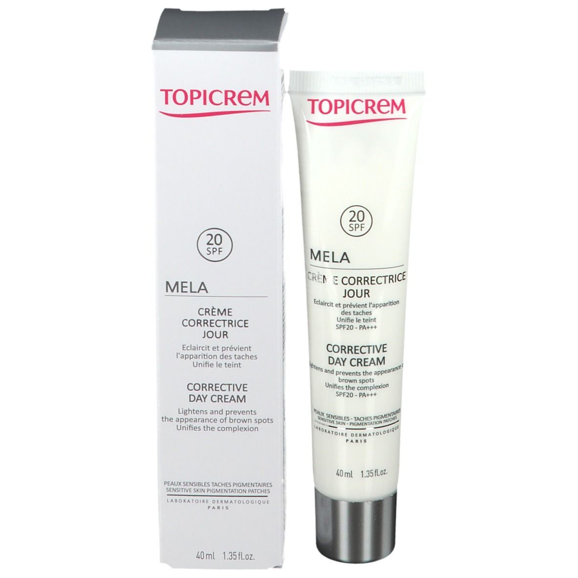 Product en verpakking. Witte tube en doos met 'TOPICREM', 'MELA', 'SPF 20'.