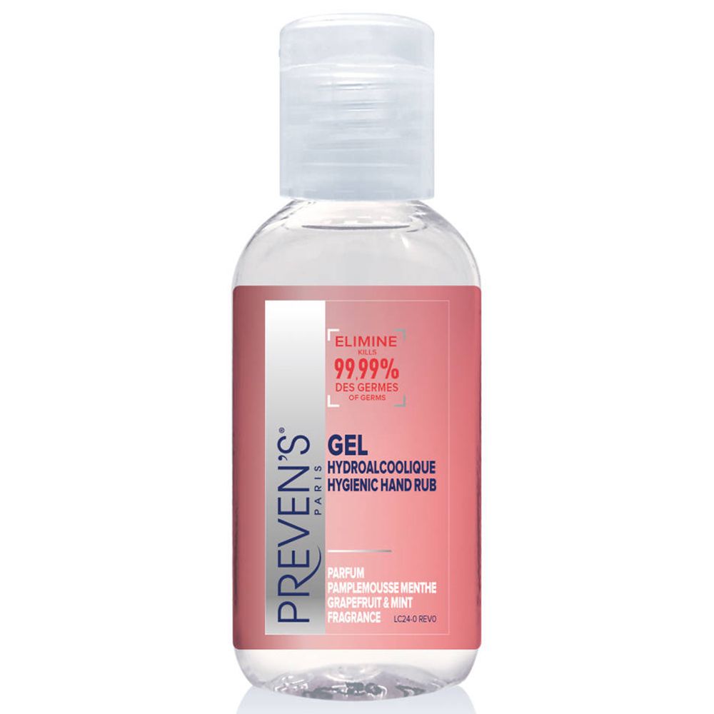 Flacon transparent avec bouchon blanc. Étiquette rose avec texte: PREVEN'S, GEL, 99,99% des germes, pamplemousse menthe.