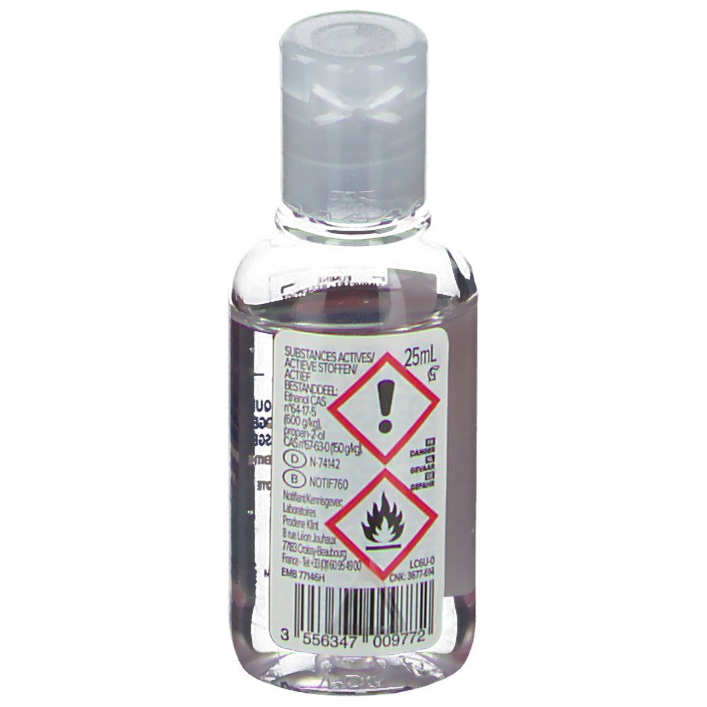 Petit flacon transparent avec bouchon blanc. Étiquette avec texte et symboles de danger. 25ml.