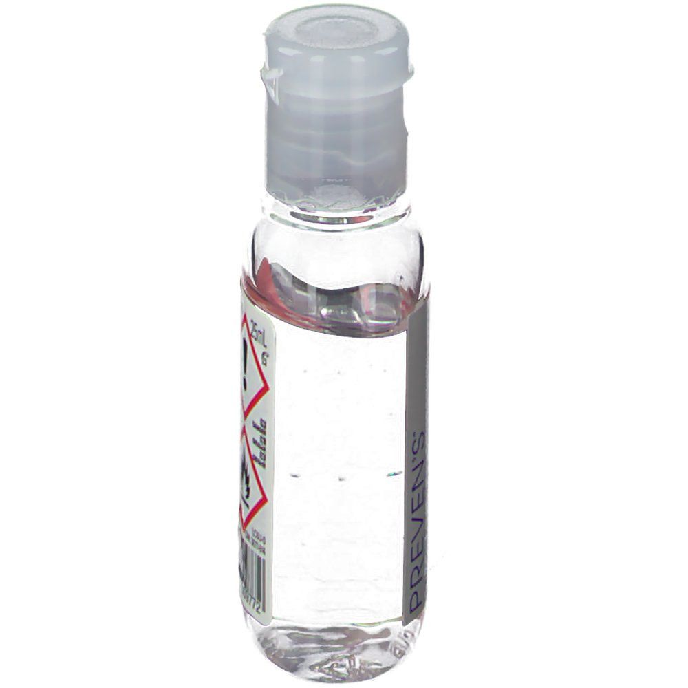 Petit flacon transparent avec bouchon blanc. Étiquette avec texte et symboles de danger. PREVEN'S.