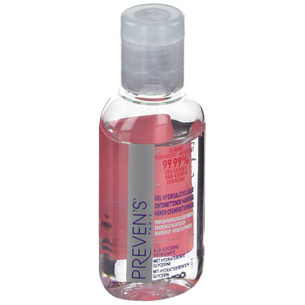 Flacon transparent avec bouchon blanc. Étiquette rose avec texte: PREVEN'S, 99,99% des germes, pamplemousse menthe.