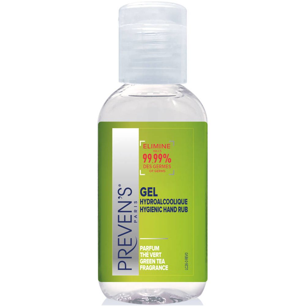 Gel hydroalcoolique PREVEN'S. Étiquette verte avec texte: Gel, Parfum thé vert. Bouchon blanc.