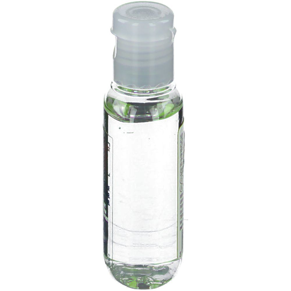 Flacon transparent avec bouchon rabattable blanc. Étiquette illisible.