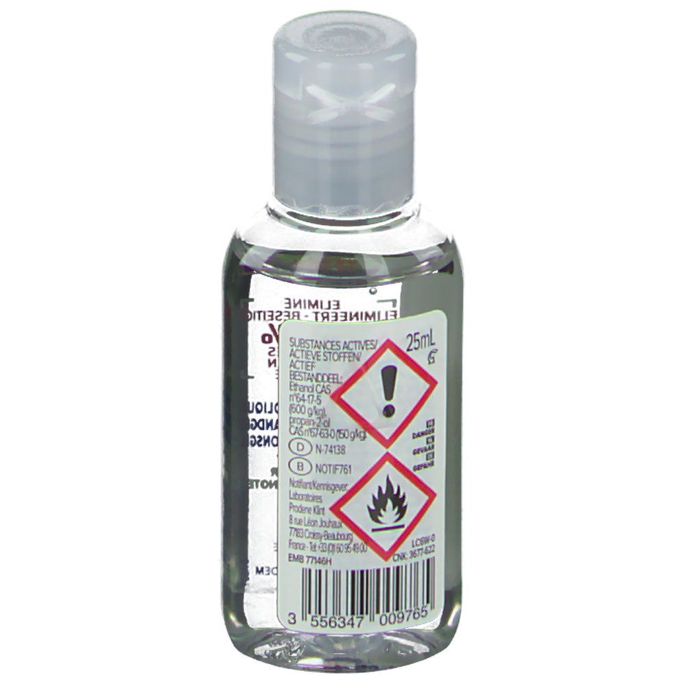 Flacon transparent avec bouchon blanc. Étiquette avec symboles d'avertissement et texte.