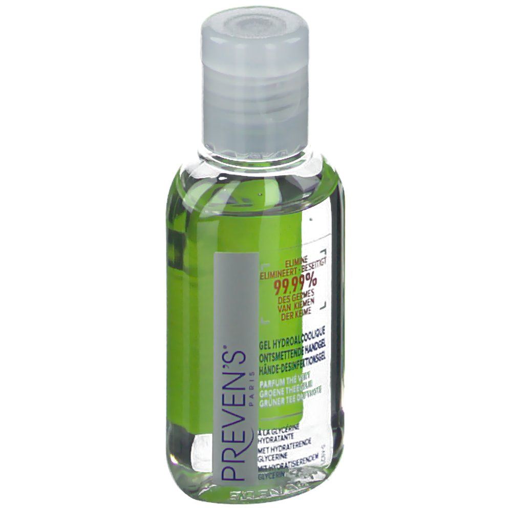 Gel hydroalcoolique PREVEN'S. Étiquette verte avec texte: Gel, Désinfection des mains. Thé vert.