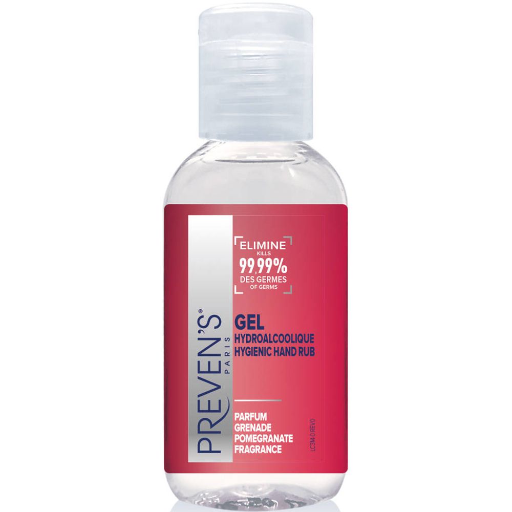 Flacon transparent avec bouchon blanc. Étiquette rouge avec texte: PREVEN'S, Gel, 99.99% des Germes, Parfum Grenade. Gel hydroalcoolique.