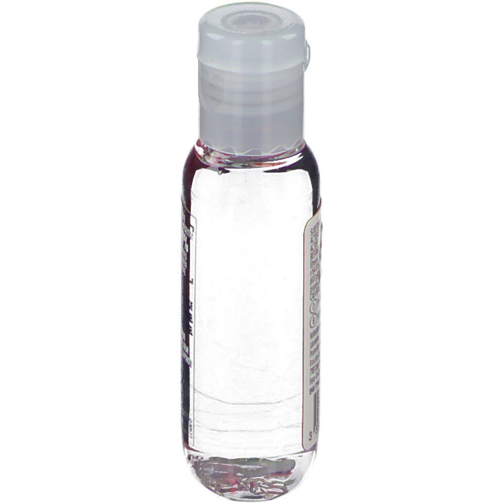 Flacon transparent avec bouchon blanc, vue latérale. Étiquette avec texte et code-barres. Liquide visible à l'intérieur.