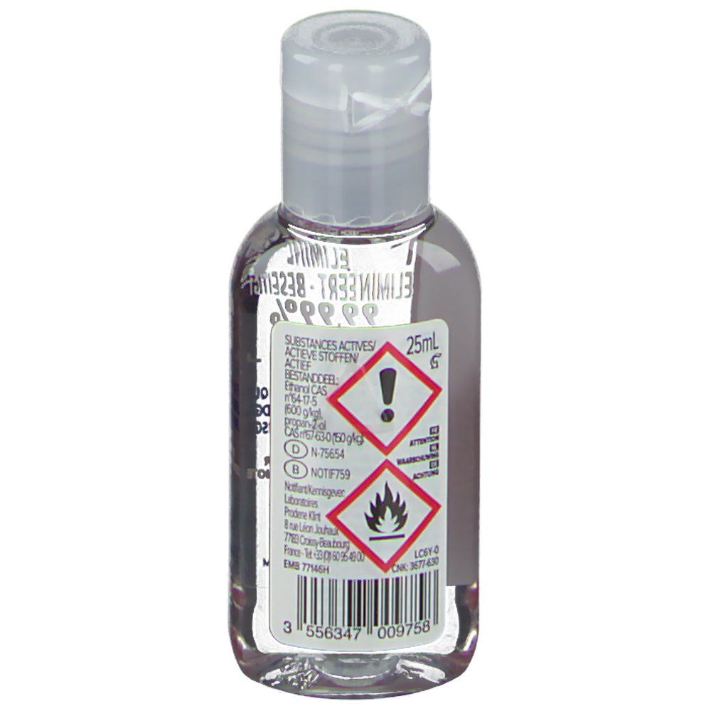 Flacon transparent avec bouchon blanc, vue arrière. Étiquette avec texte: 25ml, symboles de danger, ingrédients. Code-barres.