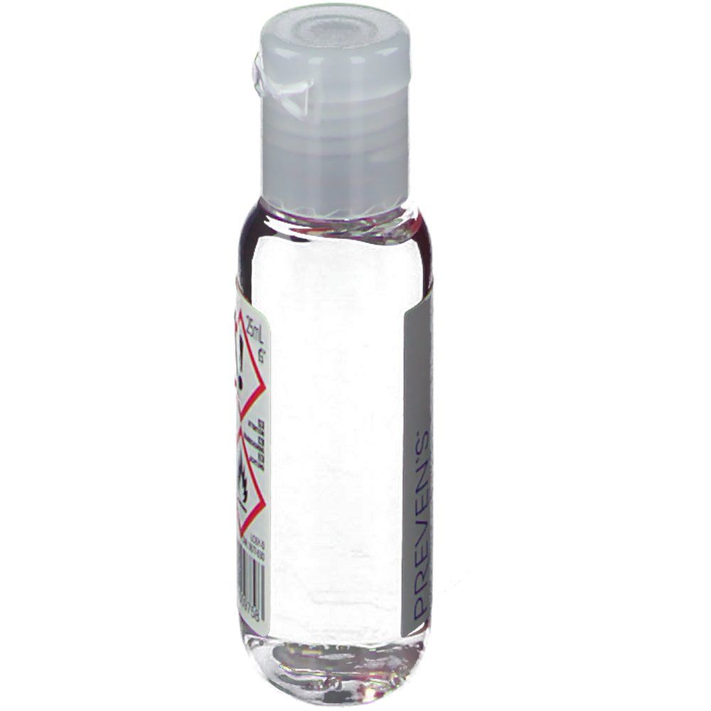 Flacon transparent avec bouchon blanc, vue latérale avec étiquette. Texte: 25ml, symbole de danger. Logo PREVEN'S.