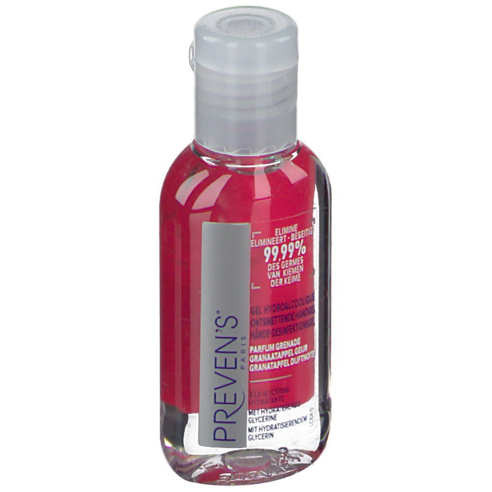 Flacon transparent avec bouchon blanc. Étiquette rouge avec texte: PREVEN'S, Gel, 99.99% des Germes, Parfum Grenade. Glycérine.