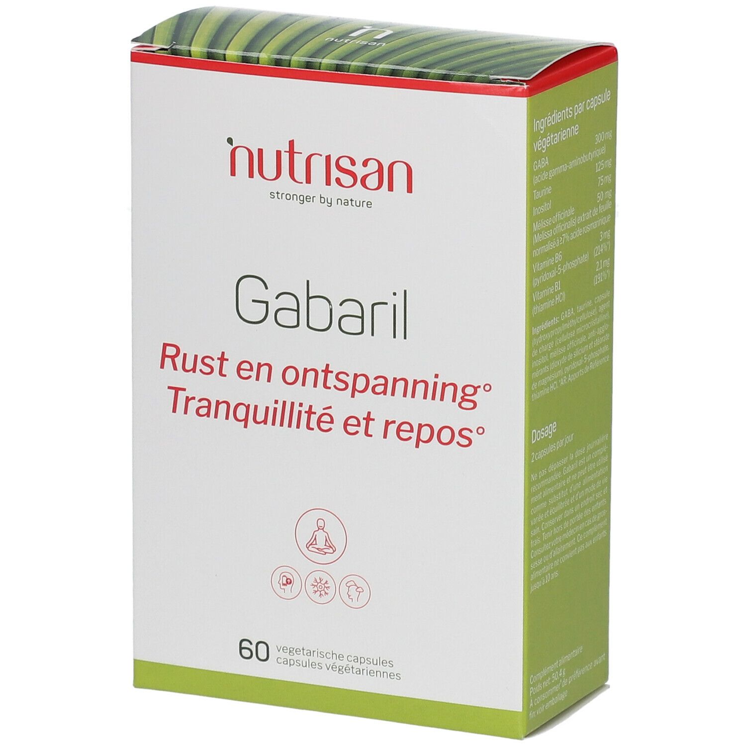 Doosje met "nutrisan" logo en "Gabaril". Bevat 60 vegetarische capsules. Tekst in het Duits, Nederlands en Frans.