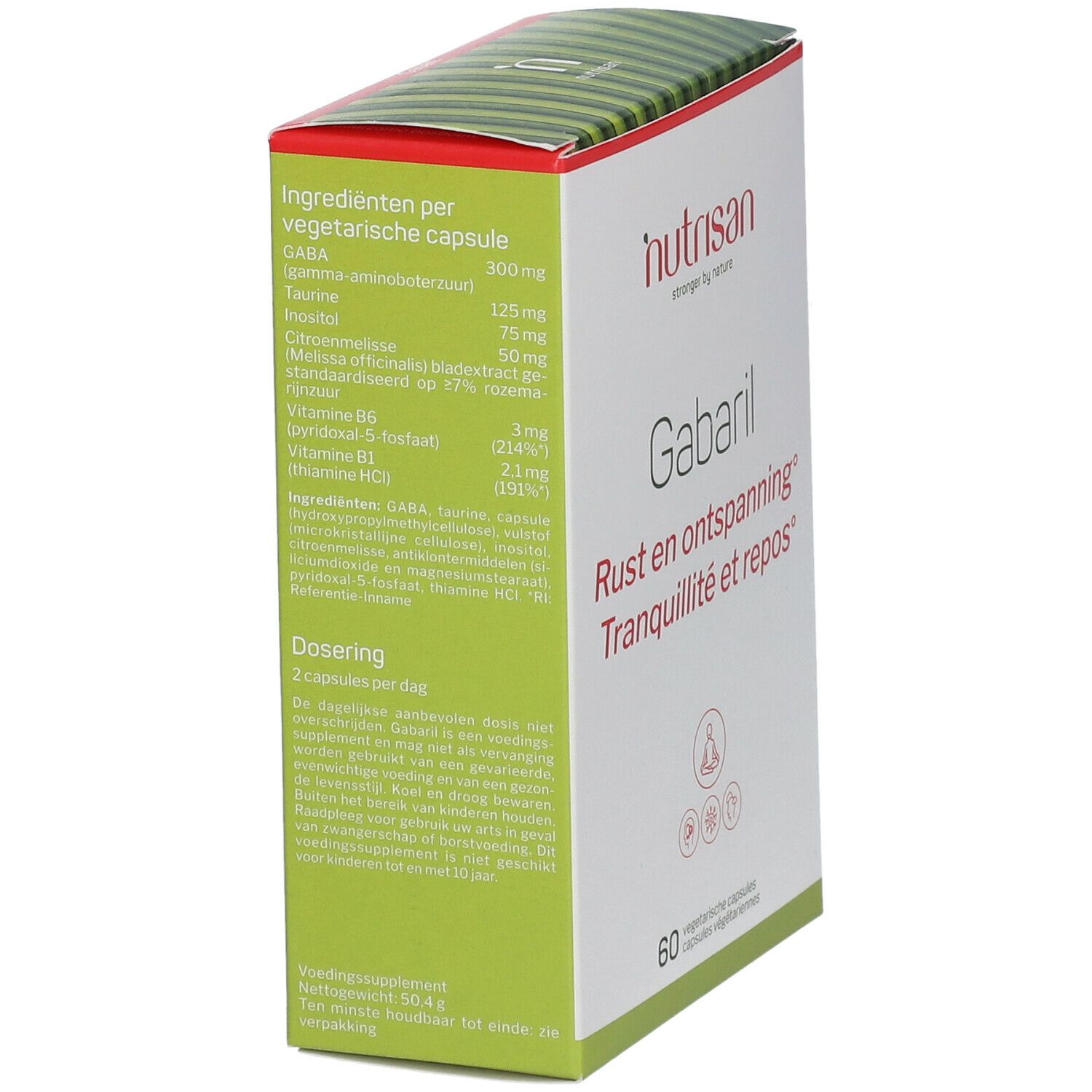 Doosje met "nutrisan" logo en "Gabaril". Ingrediënten per capsule. Tekst in het Duits en Nederlands.