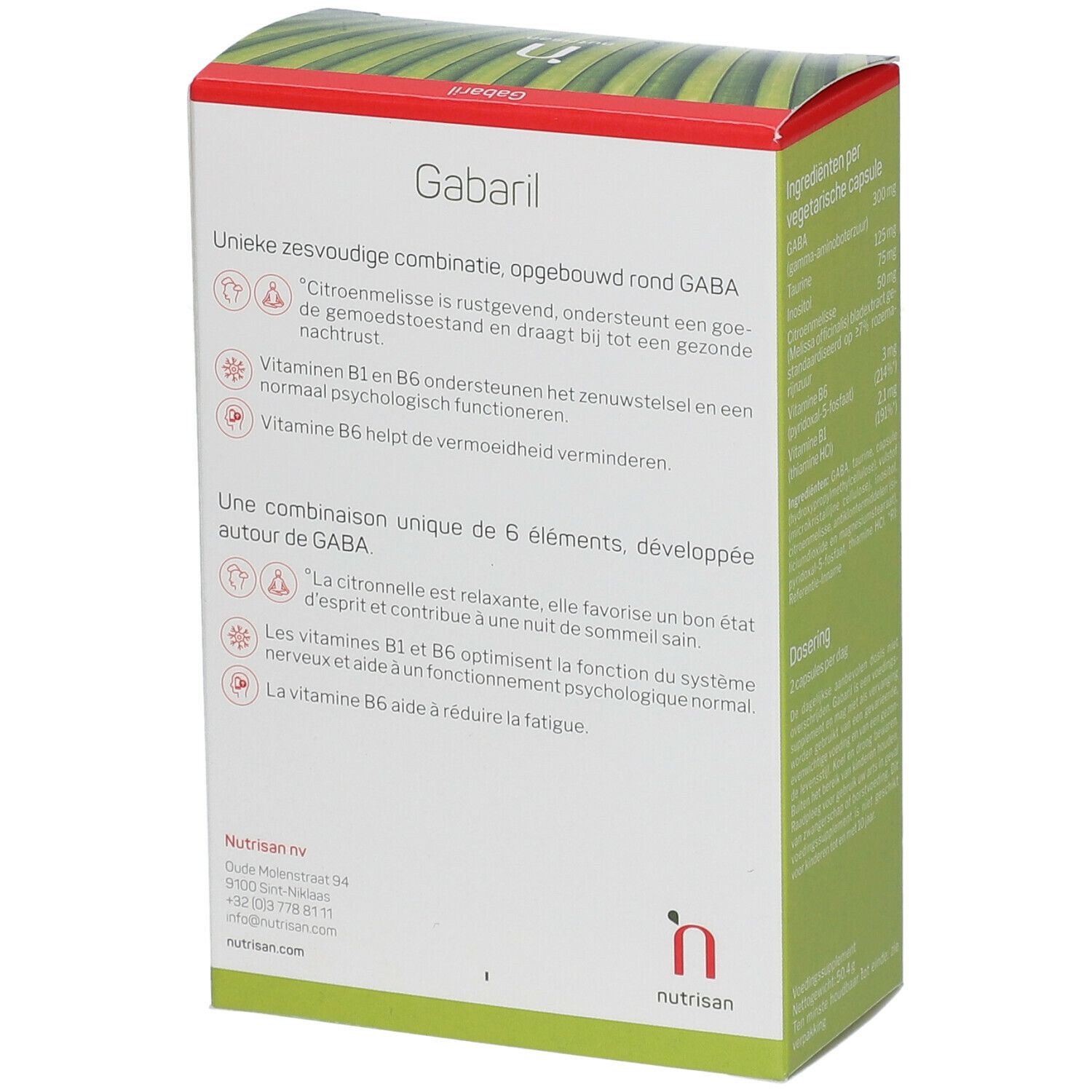 Doosje met "nutrisan" logo en "Gabaril". Informatie over de ingrediënten. Tekst in het Duits en Frans.