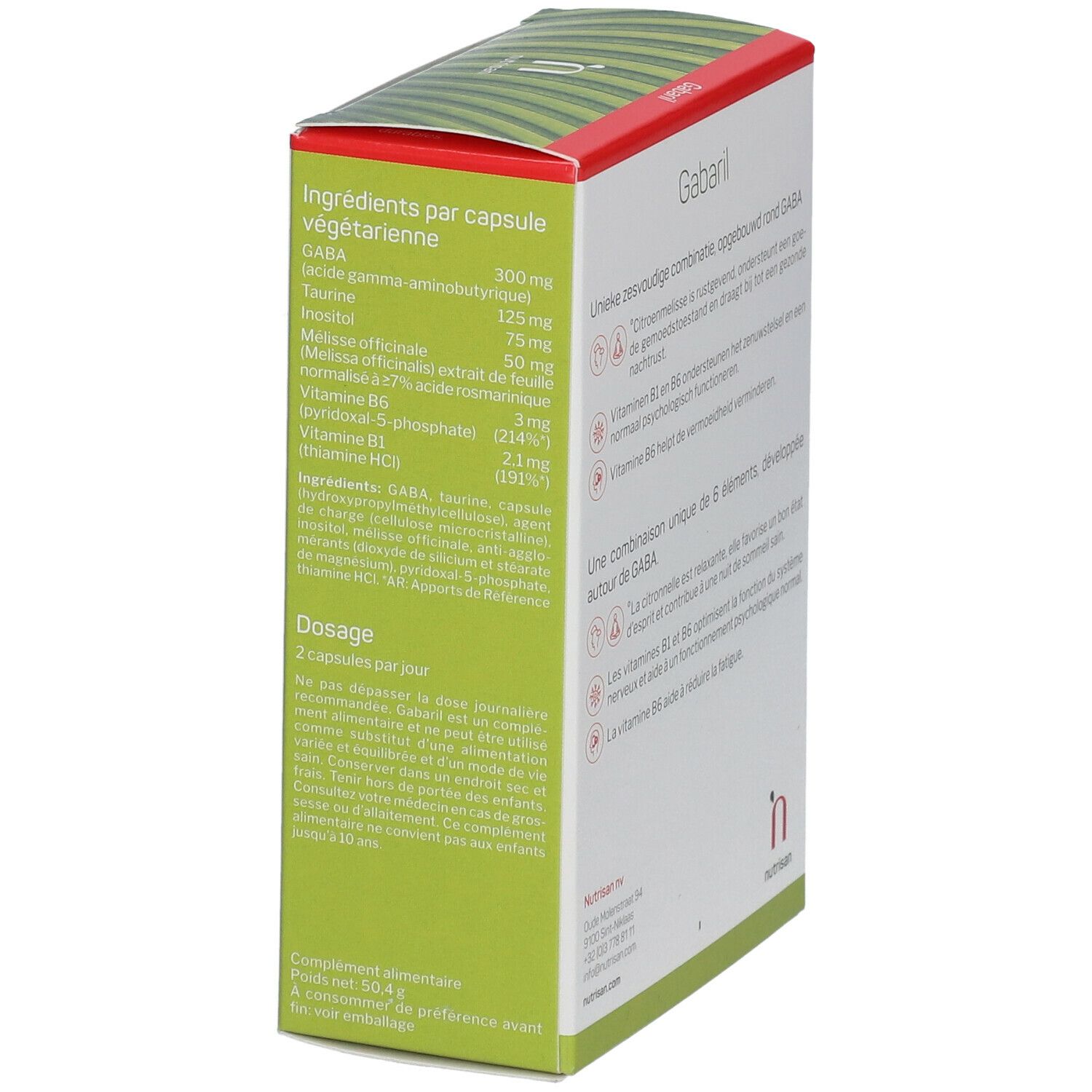Doosje met "nutrisan" logo en "Gabaril". Ingrediënten per capsule. Tekst in het Duits en Nederlands.