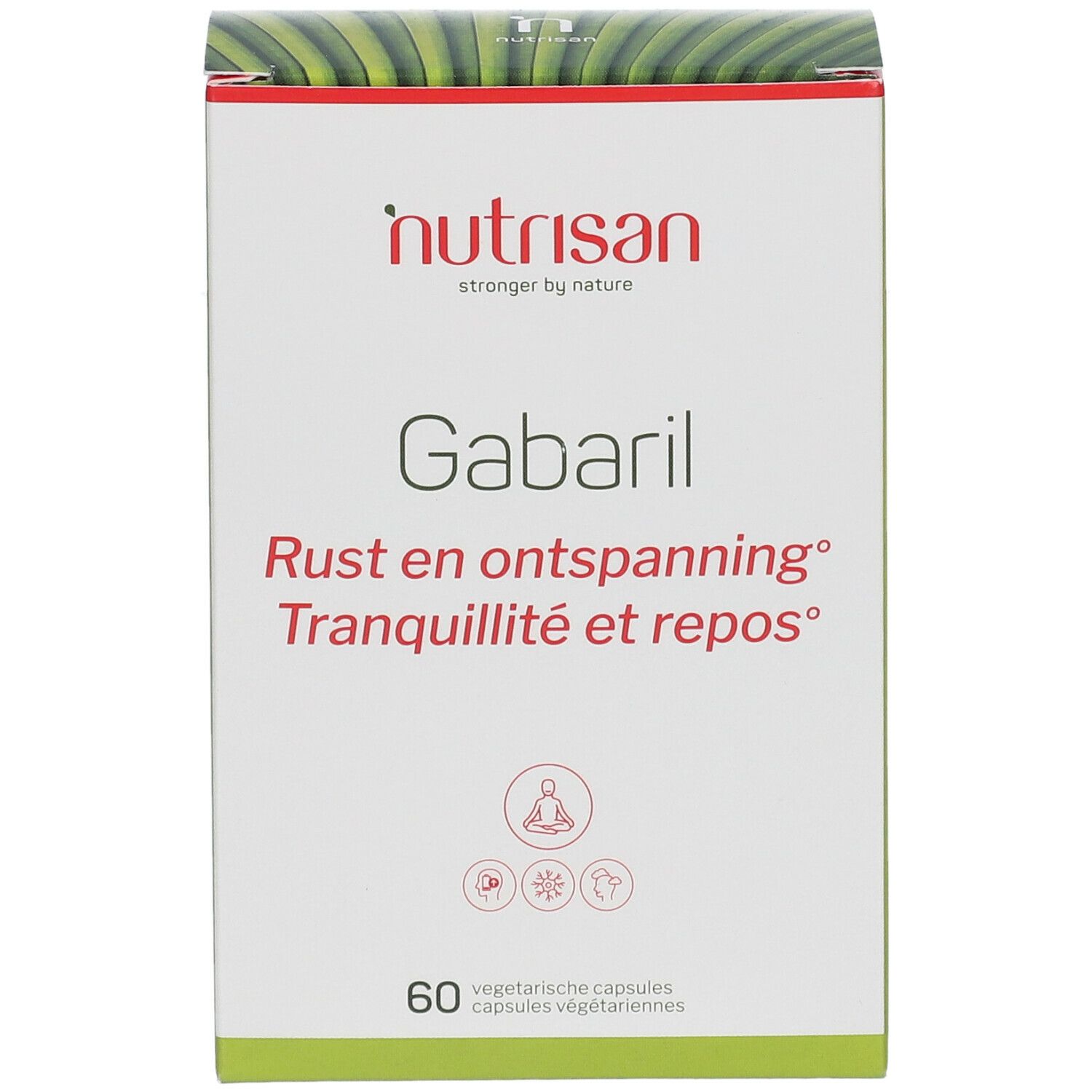 Doosje met "nutrisan" logo en "Gabaril". Bevat 60 vegetarische capsules. Tekst in het Duits, Nederlands en Frans.