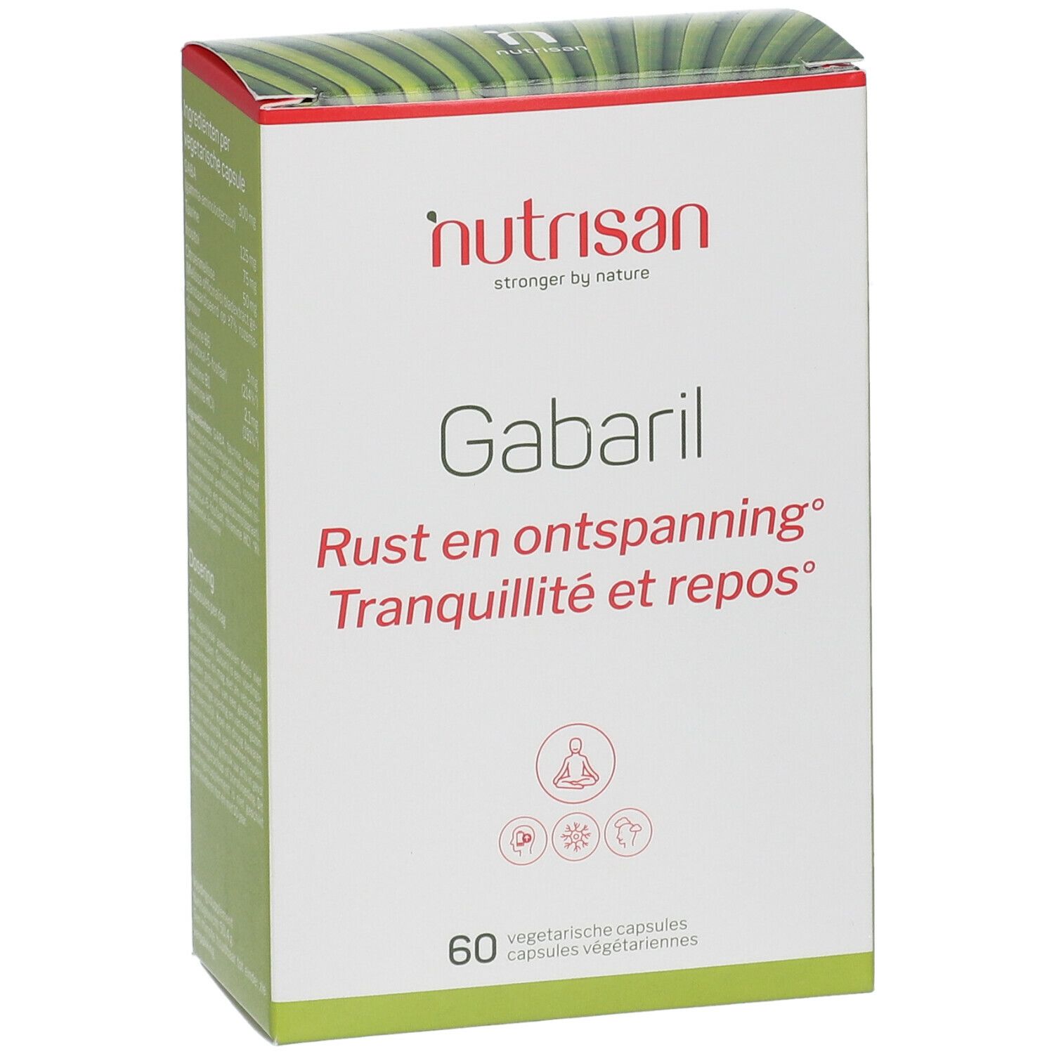 Doosje met "nutrisan" logo en "Gabaril". Bevat 60 vegetarische capsules. Tekst in het Duits, Nederlands en Frans.