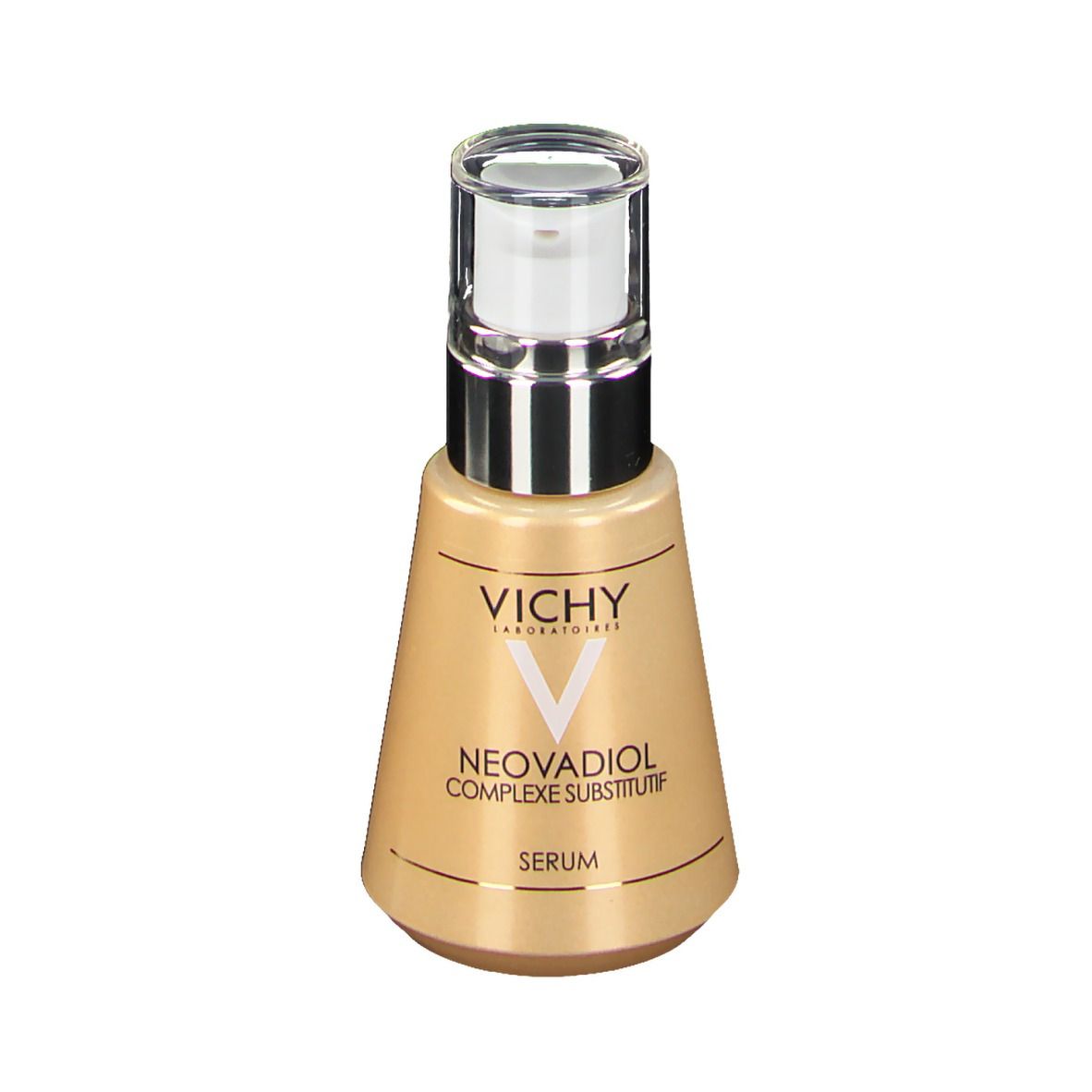 Beige serumfles met zilveren pomp. Opschrift: VICHY, NEODVADIOL, Serum.